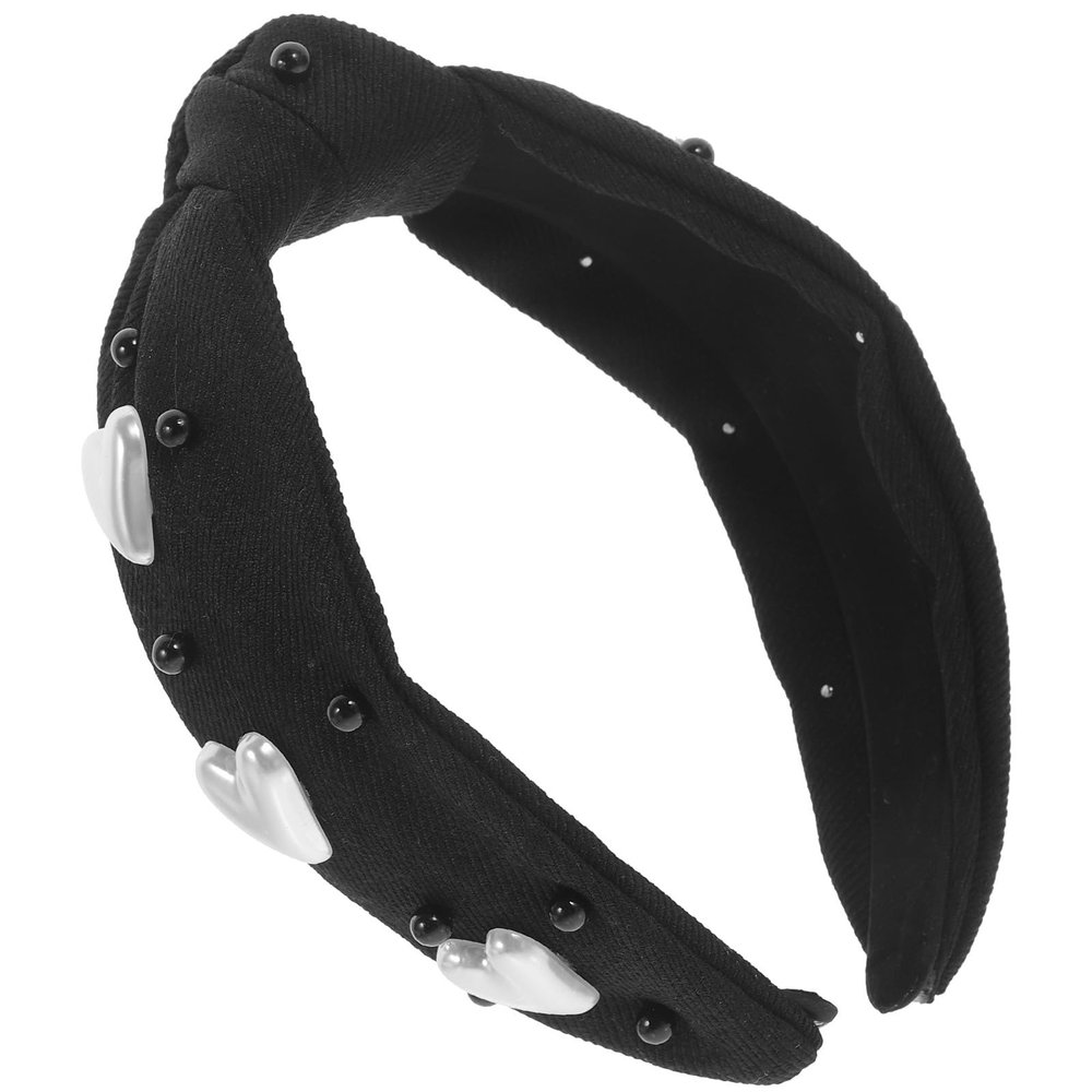 IWOWHERO Pearl Knotted Headband with Heart Beads for Women, Wide Twisted Hairband, Black Jeweled Hair Accessory for Daily Wear and Special Occasions