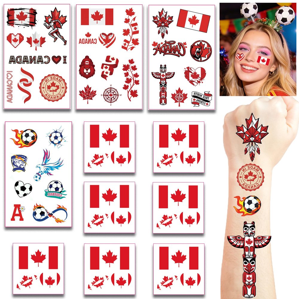 11 Sheets- Canada flag Temporary Tattoos Waterproof for World Cup Adults Kids,Canada Flag Temporary Tattoos Face Body Art Stickers for Football Fans Sports Events Festival Party Supplies