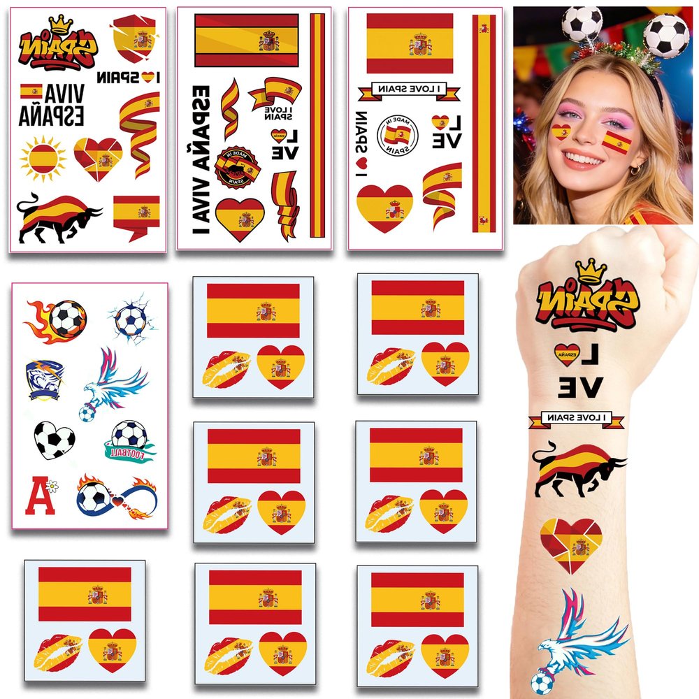 11 Sheets Spanish flag Temporary Tattoos Waterproof for World Cup Adults Kids,Spain Flag Temporary Tattoos Face Body Art Stickers for Football Fans Sports Events Festival Party Supplies