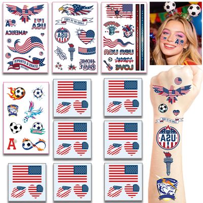 11 Sheets 4th of July Temporary Tattoos, American Flag Red White and Blue Decor, Fourth of July, USA Party Favors, Memorial Day, Independence Day, 2026 World Cup Soccer Sports Party Decor