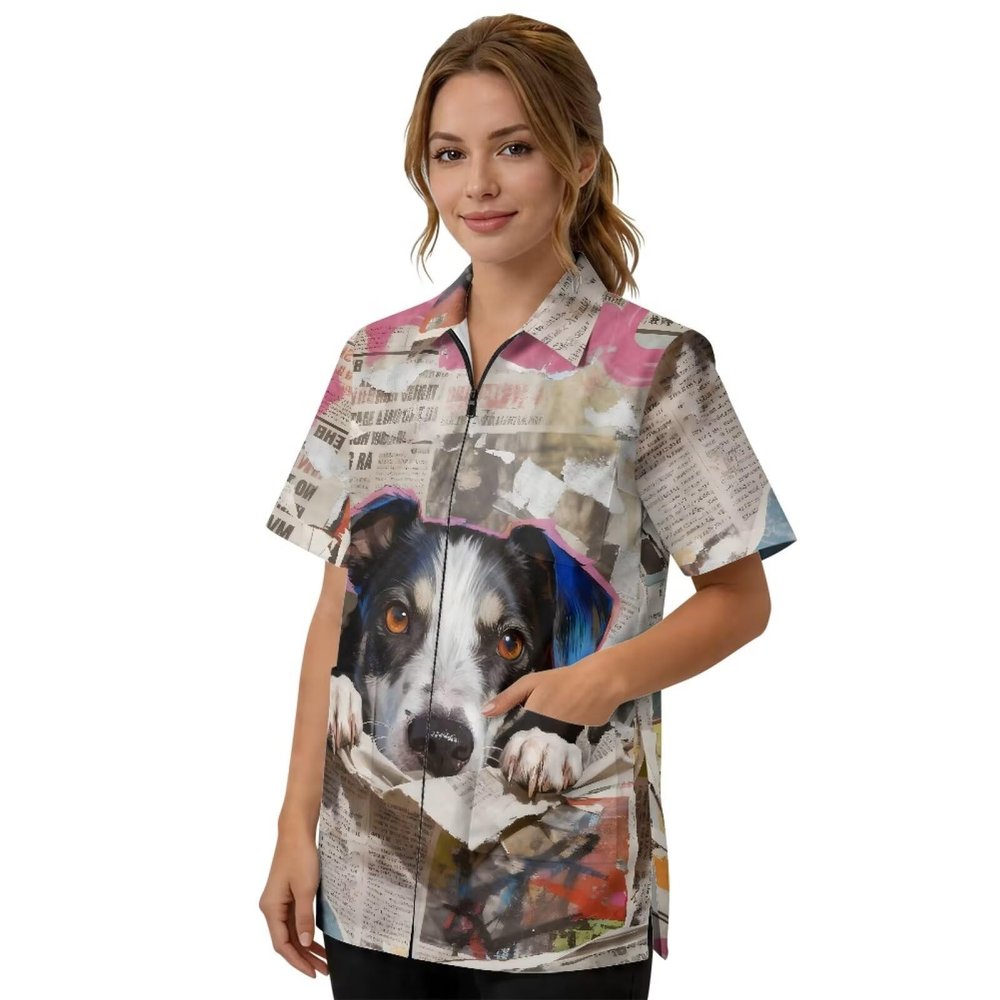 Srengjodk Hair Cutting Capes For Adults Pet Grooming Workwear With Full Zipper Lightweight Splash-Resistant Short Sleeves Dog Grooming Smock Artist Dog Print L XL
