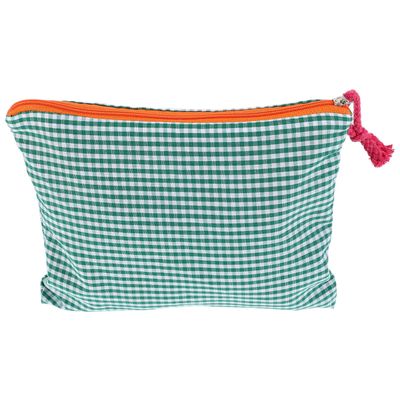 Small Portable Makeup Bag Travel Cosmetic Pouch Cotton Linen Checkered Organizer for Women Toiletries Stationery Bag in Green Pattern