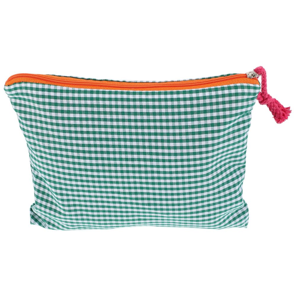 Small Portable Makeup Bag Travel Cosmetic Pouch Cotton Linen Checkered Organizer for Women Toiletries Stationery Bag in Green Pattern