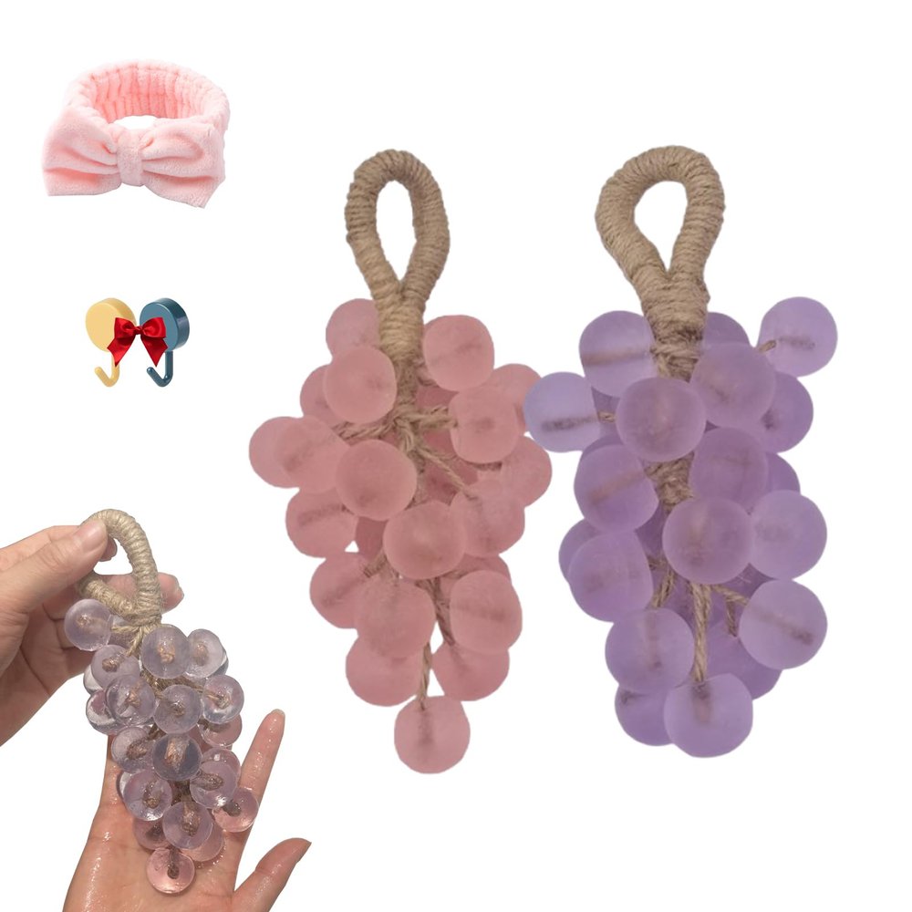 Grape Soaps on A Rope, Personalized Original Handmade Crystal Grapes Cluster Shaped Soaps, Fruit Shaped Hanging Vegan Soap on A Rope, DIY Home Decor and Gift Choice for Washing Hands (2pcs-3)