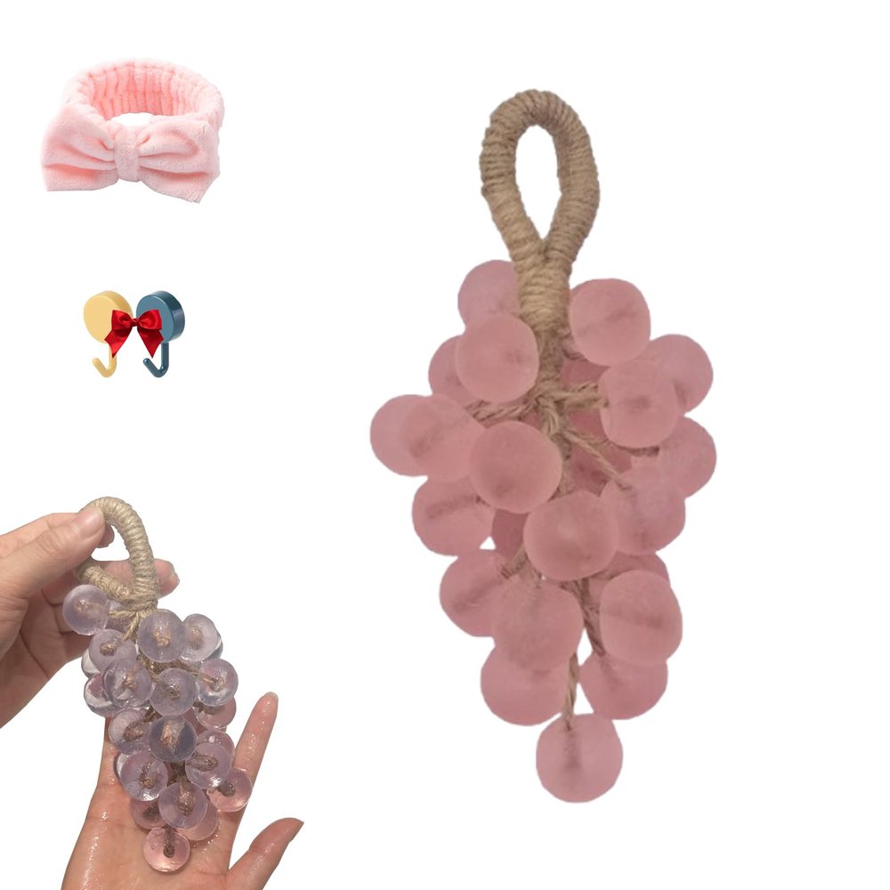 Grape Soaps on A Rope, Personalized Original Handmade Crystal Grapes Cluster Shaped Soaps, Fruit Shaped Hanging Vegan Soap on A Rope, DIY Home Decor and Gift Choice for Washing Hands (Pink)