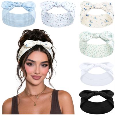 TERSE Boho Headbands for Women Trendy Floral Prints Y2k Aesthetic Hair Accessories: 6 Packs Cute Bow Head Bands for Women's Hair, Fashion Hairbands Wide Headwraps with Bows