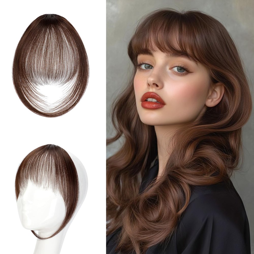 Qunlinta Clip In Bangs, Hair Clip French Bangs Clip-On Hairpieces For Women Fringe With Temples Natural Curved Thick Hair Extensions Clip-In Curtain Wig Medium Brown