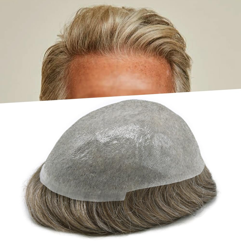 Mens Toupee Hair Replacement System for Men Ultra Thin Skin All V-loop Toupee For Men European Human Hair Pieces Natural Hairline #1750 Dark Ash Blonde+50% Gray-80% Light Density 7"x10"