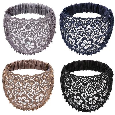 Lace Pearl Hollow Elastic Headwrap Boho-Chic Crystal Embellished Wide Headbands Elegant Wide Floral Headbands Luxury Hair Accessories for Weddings Vacations & Daily Styling 3 Pcs