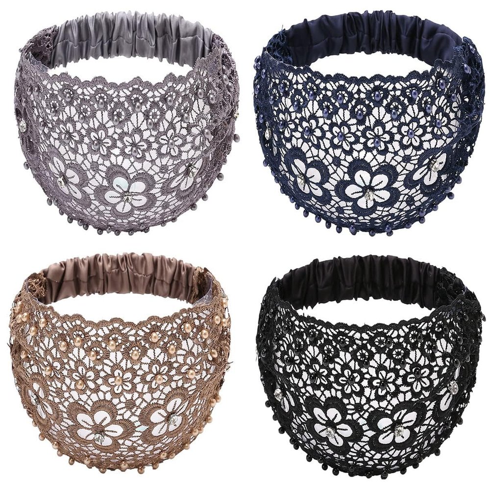 Lace Pearl Hollow Elastic Headwrap Boho-Chic Crystal Embellished Wide Headbands Elegant Wide Floral Headbands Luxury Hair Accessories for Weddings Vacations & Daily Styling 3 Pcs