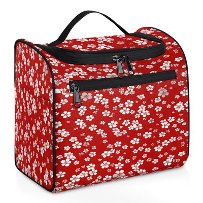 cfpolar Floral Red Background Toiletry Bag for Women, Hanging Travel Toiletry Bag, Water-resistant Cosmetic Makeup Organizer for Toiletries and Cosmetics, Bathroom Shower Bag with Handle and Hook