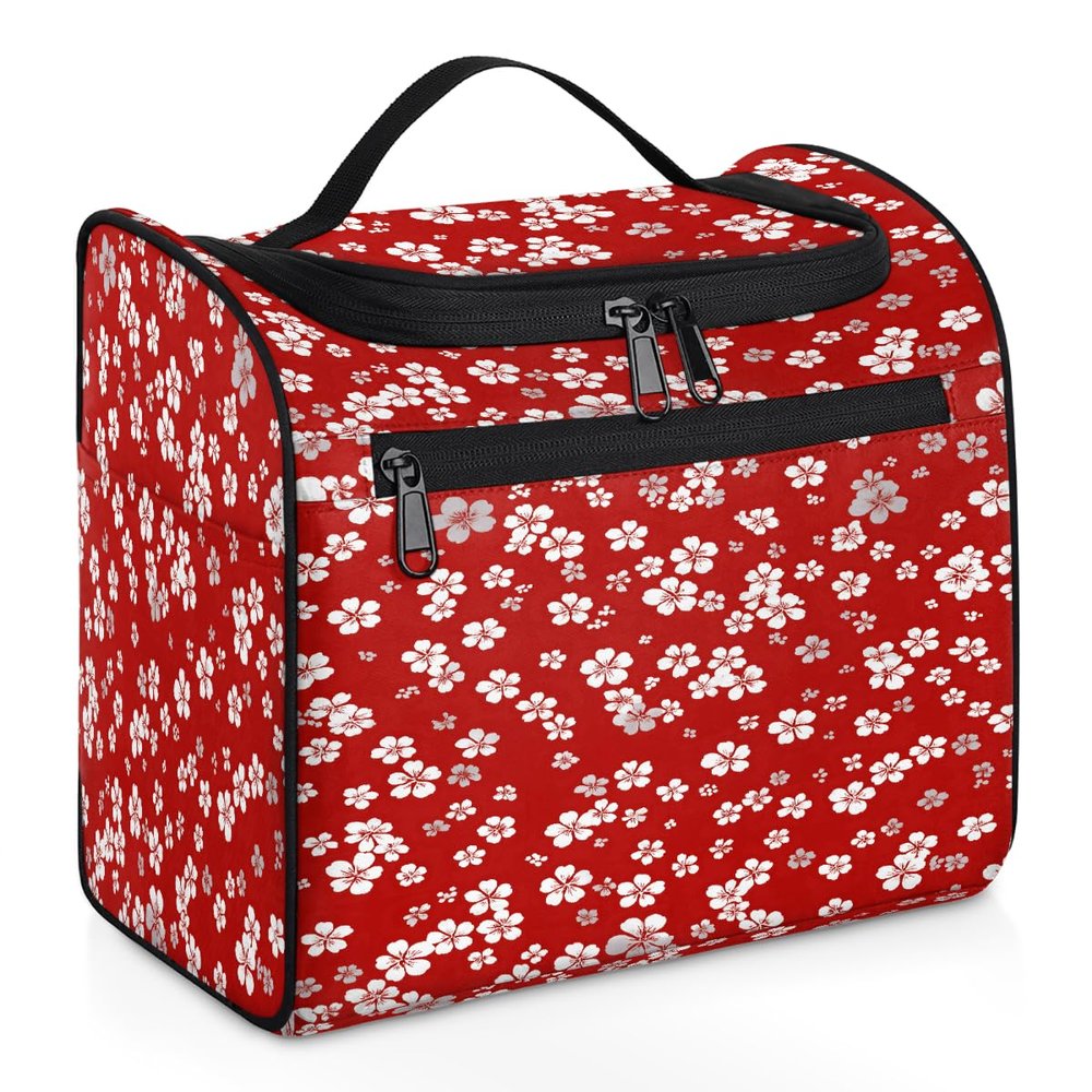 cfpolar Floral Red Background Toiletry Bag for Women, Hanging Travel Toiletry Bag, Water-resistant Cosmetic Makeup Organizer for Toiletries and Cosmetics, Bathroom Shower Bag with Handle and Hook