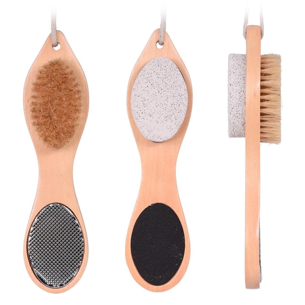 PHENOFICE 4-in-1 Wooden Foot Care Tool Pedicure File with Boar Bristle Brush and Pumice Stone Callus Remover for Exfoliating Dead Skin and Rough Heels at Home