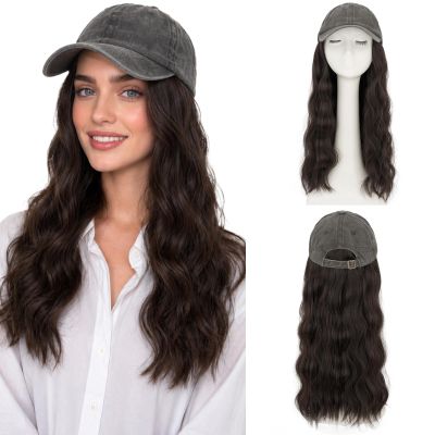 SEGO Hat Wigs, Hat with Hair Attached for Women Soft Denim Cap Wigs Long Wavy Curly Adjustable Baseball Cap With Hair Extensions -Gray 18"-#04 Black Brown