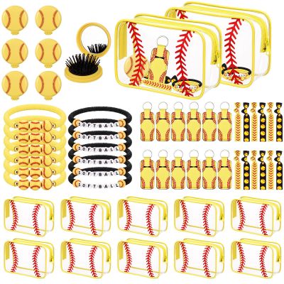 Remerry 60 Pcs Softball Gifts Makeup Bag for Women Party Team Gifts with Sport Hair Ties Folding Mirror Hair Brushes Bracelets Lip Balm Holder Keychain