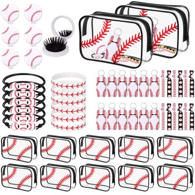 Remerry 60 Pcs Baseball Gifts Makeup Bag for Women Party Team Gifts with Sport Hair Ties Folding Mirror Hair Brushes Bracelets Lip Balm Holder Keychain
