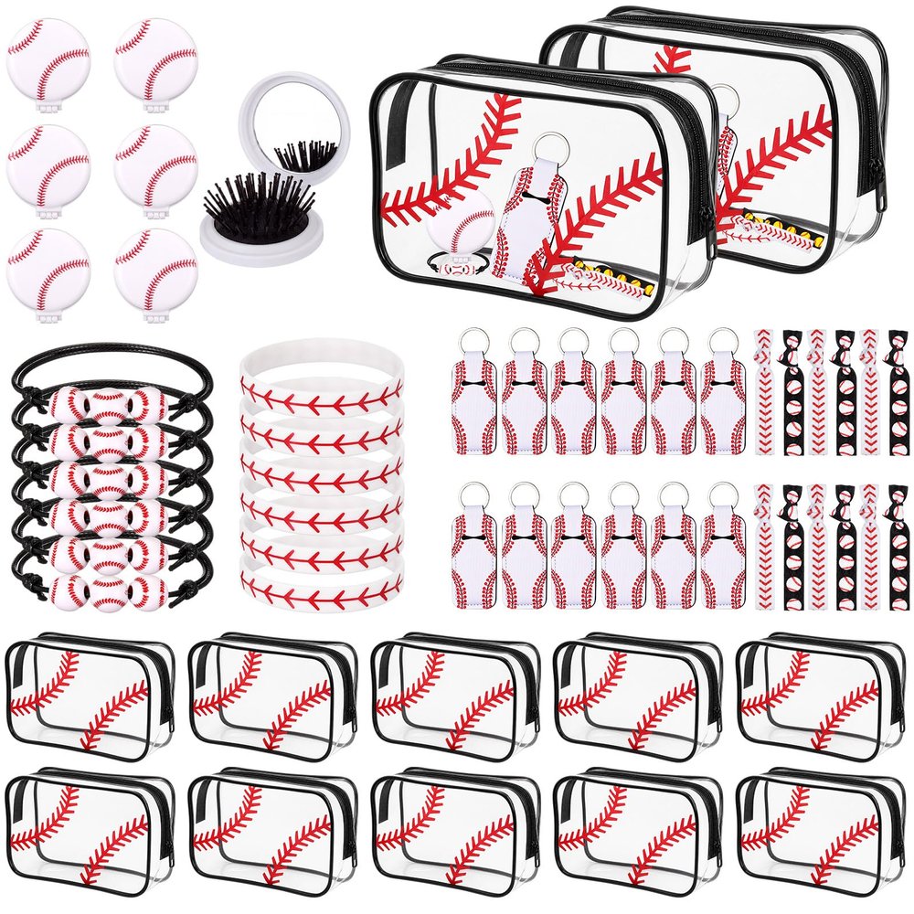 Remerry 60 Pcs Baseball Gifts Makeup Bag for Women Party Team Gifts with Sport Hair Ties Folding Mirror Hair Brushes Bracelets Lip Balm Holder Keychain