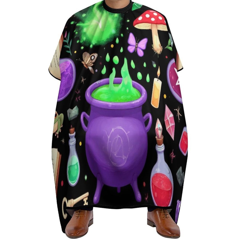 Large Unisex Barber Cape Professional Hairdressing Cape with Adjustable Closure Witch Witchy Mushroom Skull Goth Gothic Black