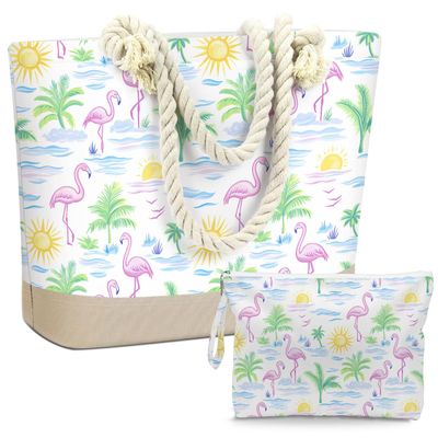 BELLOWDEER Beach Bags for Women, Wet Bag Cosmetic Bag, Pool Waterproof Flamingo Palm tree Shoulder Tote Bags With Zipper for Beach Travel, Summer Travel Essentials, Gifts for Women Birthday Set of 2