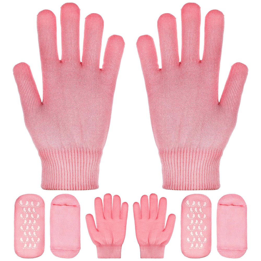 MALUGOGO Spa Moisturizing Socks and Hand Care Gloves Set 2 Pairs Pink for Dry Complexion Treatment and Callus Repair Foot and Hand Moisturizer Care