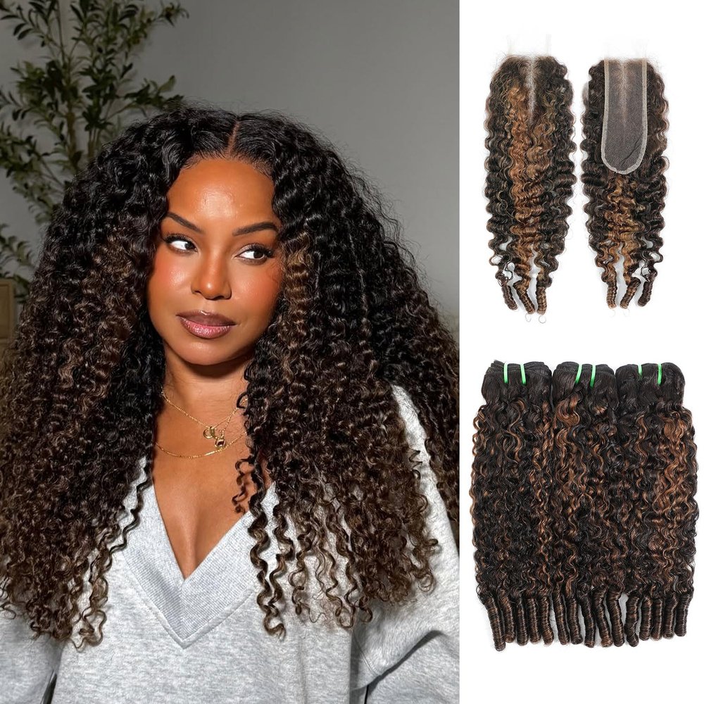 DSEKCAIN Burmese Curly Human Hair Bundles With Closure Highlight Brown P1B/30 Color 100% Real Virgin Human Hair 3 Bundles 22 24 26 With 20 Inch 2x6 Long Part Lace Closure 3c4a Spiral Curly End