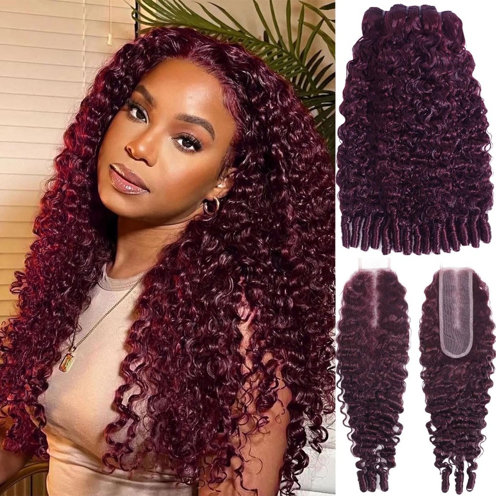 DSEKCAIN 99J Burgundy Burmese Curly Human Hair Bundles With Closure 100% Real Virgin Human Hair 3 Bundles 14 16 18 With 14 Inch 2x6 Long Part Lace Closure 3c4a Water Wave and Spiral Curly End