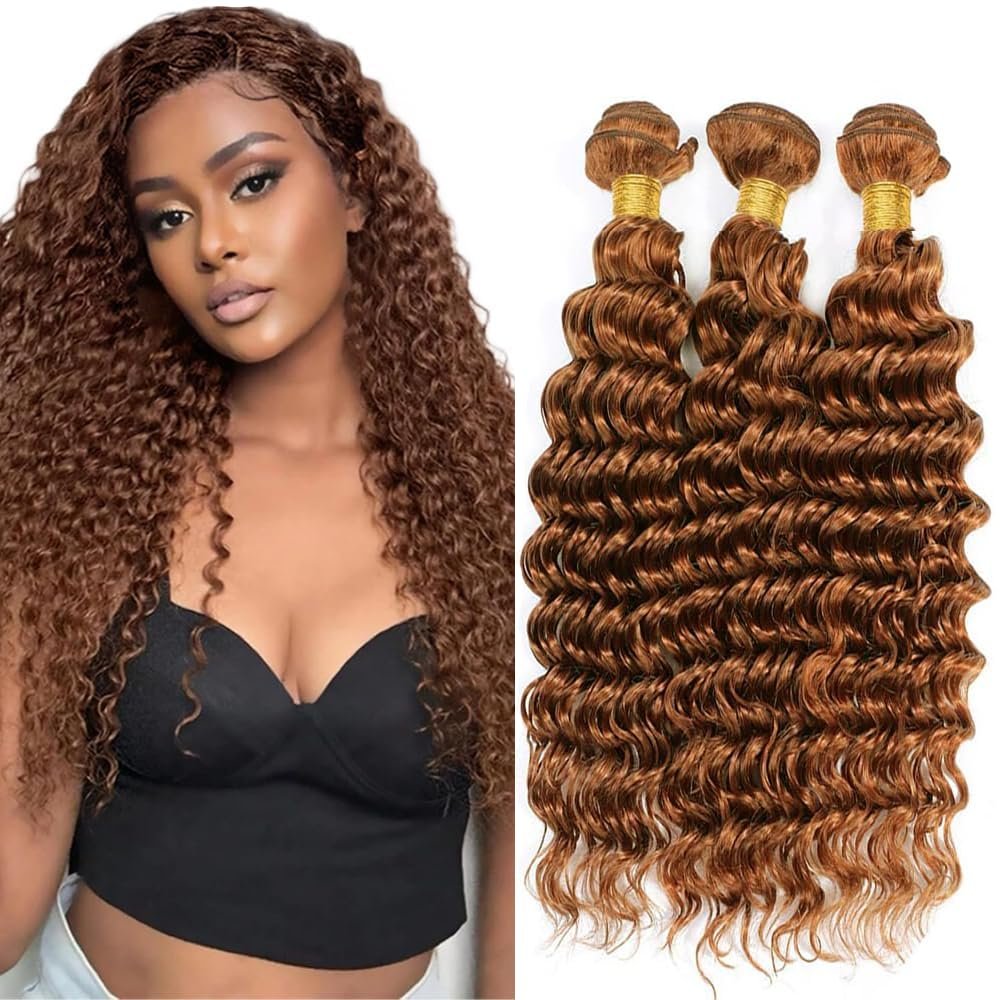 MLMYBAYEA Color #30 Deep Wave Bundles Human Hair Light Brown Deep Wave Color 30 Human Hair Bundles Double Weft Brown Remy Hair Extensions 14 16 18 Inch