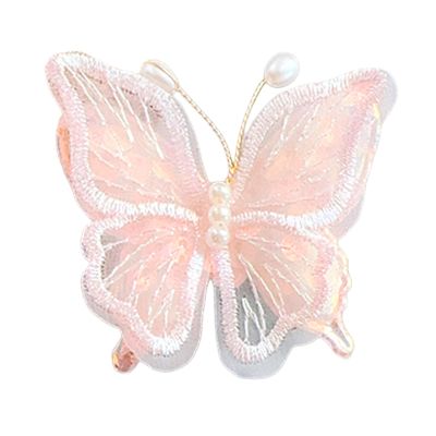 Meideli Butterfly Hair Clip, Double Layer Mesh Butterfly with Imitation Pearls, Cute Small Hair Clips for Women Girls Daily Styling Beige