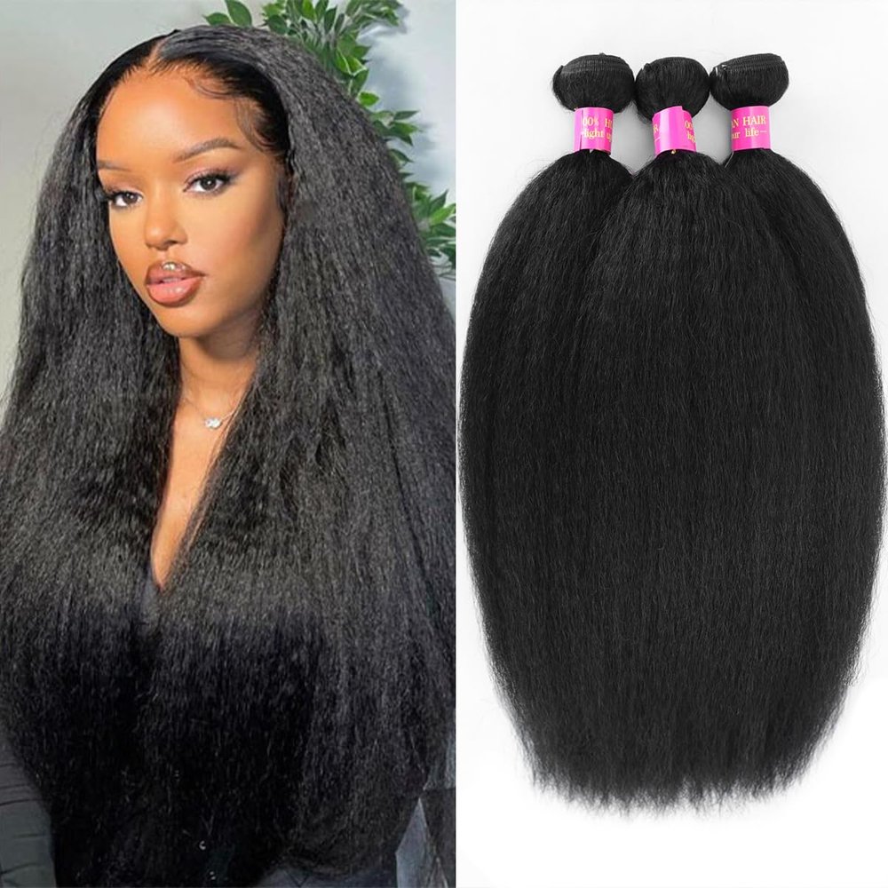 Kinky Straight Bundles Yaki Straight Bundles Human Hair 24 24 24 inch 12A 100% Unprocessed Virgin Full and Thick 3 Bundles, Silky Soft, No Shedding, No Smell, No Tangle