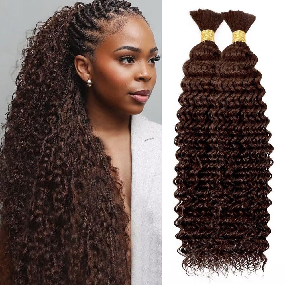 100% Unprocessed Human Hair for Braiding, #4 Medium Brown Pre-Separated Curly Bulk Hair, 12A Grade Deep Boho Braiding Hair Extensions, Seamless Natural Dark Hair,16 Inch 100g 2 Bundles