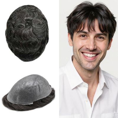 Hair Toupee for Men Hairpiece Invisible Mens Hair Replacement System Transparent Ultra Thin Skin Human Hair Piece Unit for Men #1B10 Off Black+10% Gray-90% Light Density 6"x9"