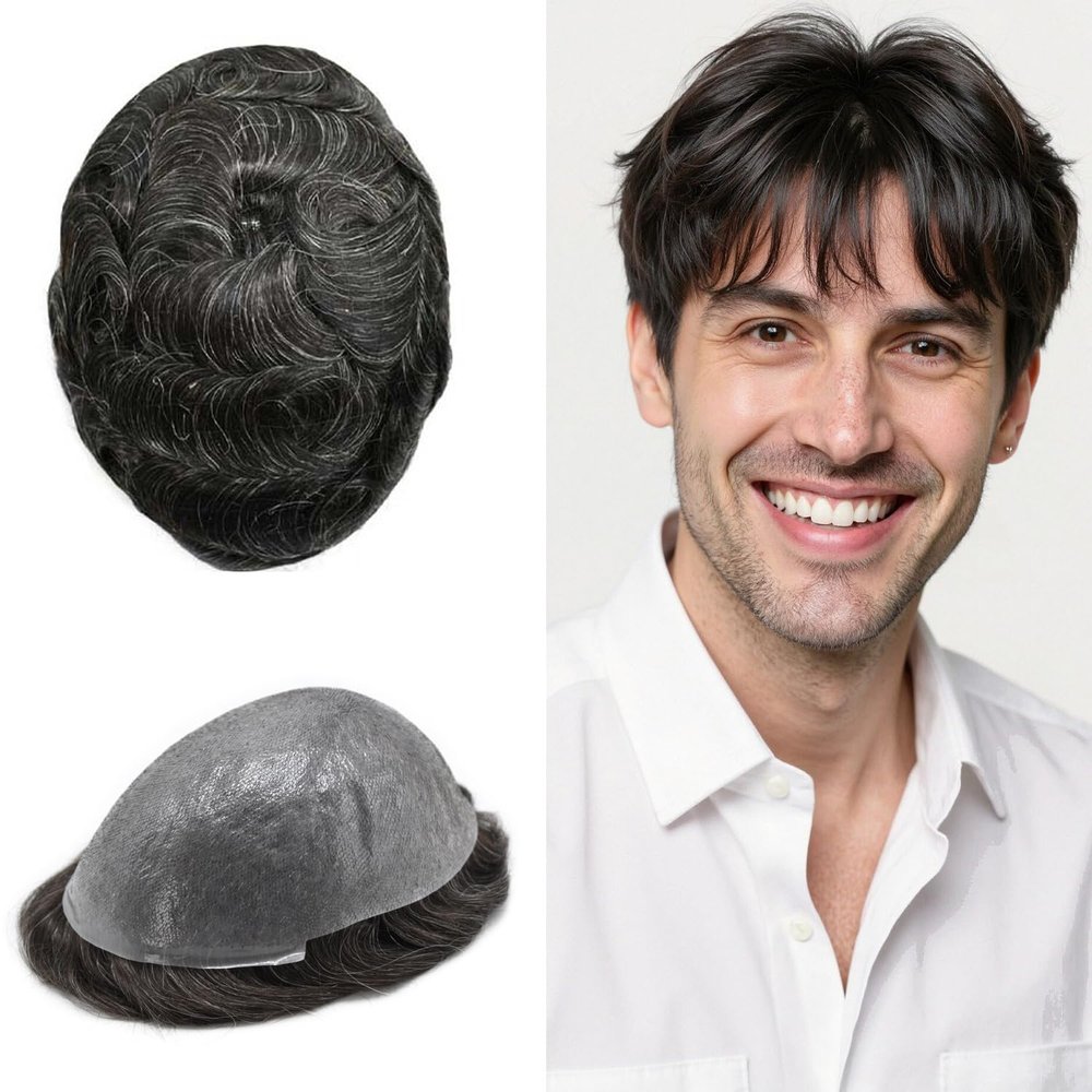 Hair Toupee for Men Hairpiece Invisible Mens Hair Replacement System Transparent Ultra Thin Skin Human Hair Piece Unit for Men #1B05 Off Black+5% Gray-100% Light to Med-Light Density 6"x9"