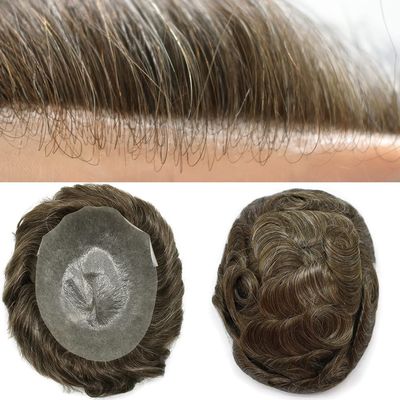 Human Hair Toupee for Men Hairpiece Invisible Mens Hair Replacement System Transparent Ultra Thin Skin Gray Hair Piece Unit for Men #410 Medium Brown+10% Gray-80% Light Density 6"x9"