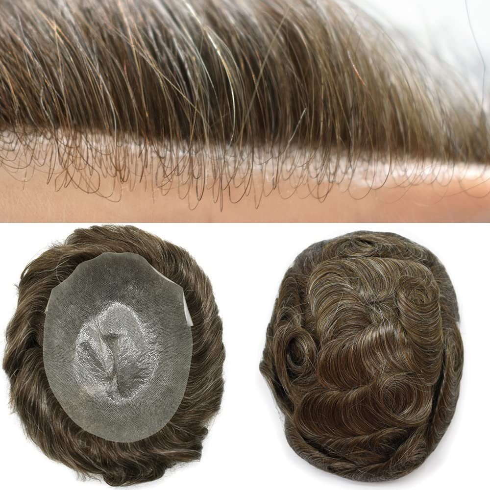 Human Hair Toupee for Men Hairpiece Invisible Mens Hair Replacement System Transparent Ultra Thin Skin Gray Hair Piece Unit for Men #410 Medium Brown+10% Gray-80% Light Density 6"x9"