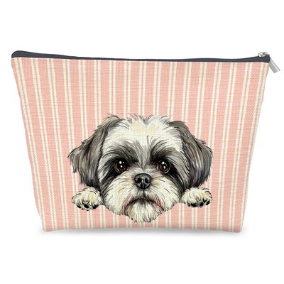 LRWHDFW Shih Tzu Dog Makeup Bag Gifts for Women, Shih Tzu Lover Gifts Cosmetic Bag, Cute Dog Pink and White Striped Zipper Makeup Pouch Travel Toiletry Bag