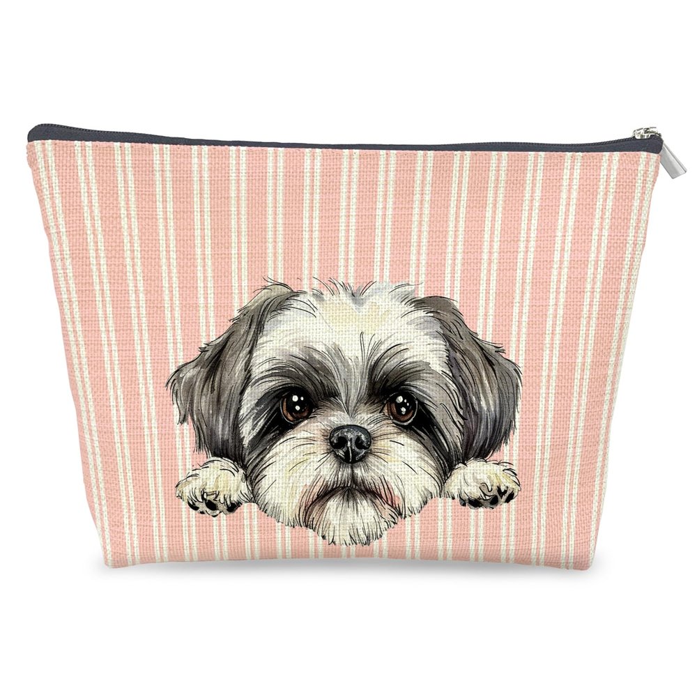 LRWHDFW Shih Tzu Dog Makeup Bag Gifts for Women, Shih Tzu Lover Gifts Cosmetic Bag, Cute Dog Pink and White Striped Zipper Makeup Pouch Travel Toiletry Bag