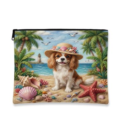 Summer Cavalier King Charles Spaniel Dog Beach Makeup Bag 7x9 Inch for Travel Purse, Palm Coastal Beachy Cosmetic Pouch for Women, Fun Portable Canvas Zipper Organizer Toiletry Pouch