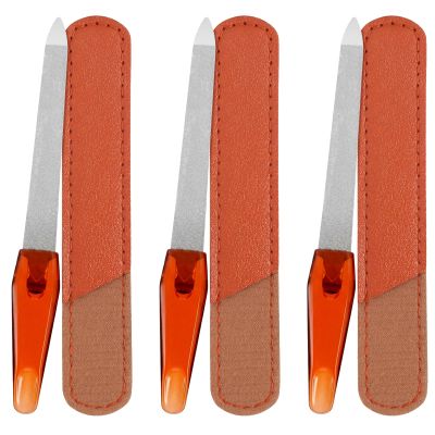 3 Pack Metal Nail Files for Women Fingernail Files with Leather Sheath Case Stainless Steel Finger Nail File with Non Slip Handle Double Sided Grit Nails Filer Thin Nailfile for Natural Nails