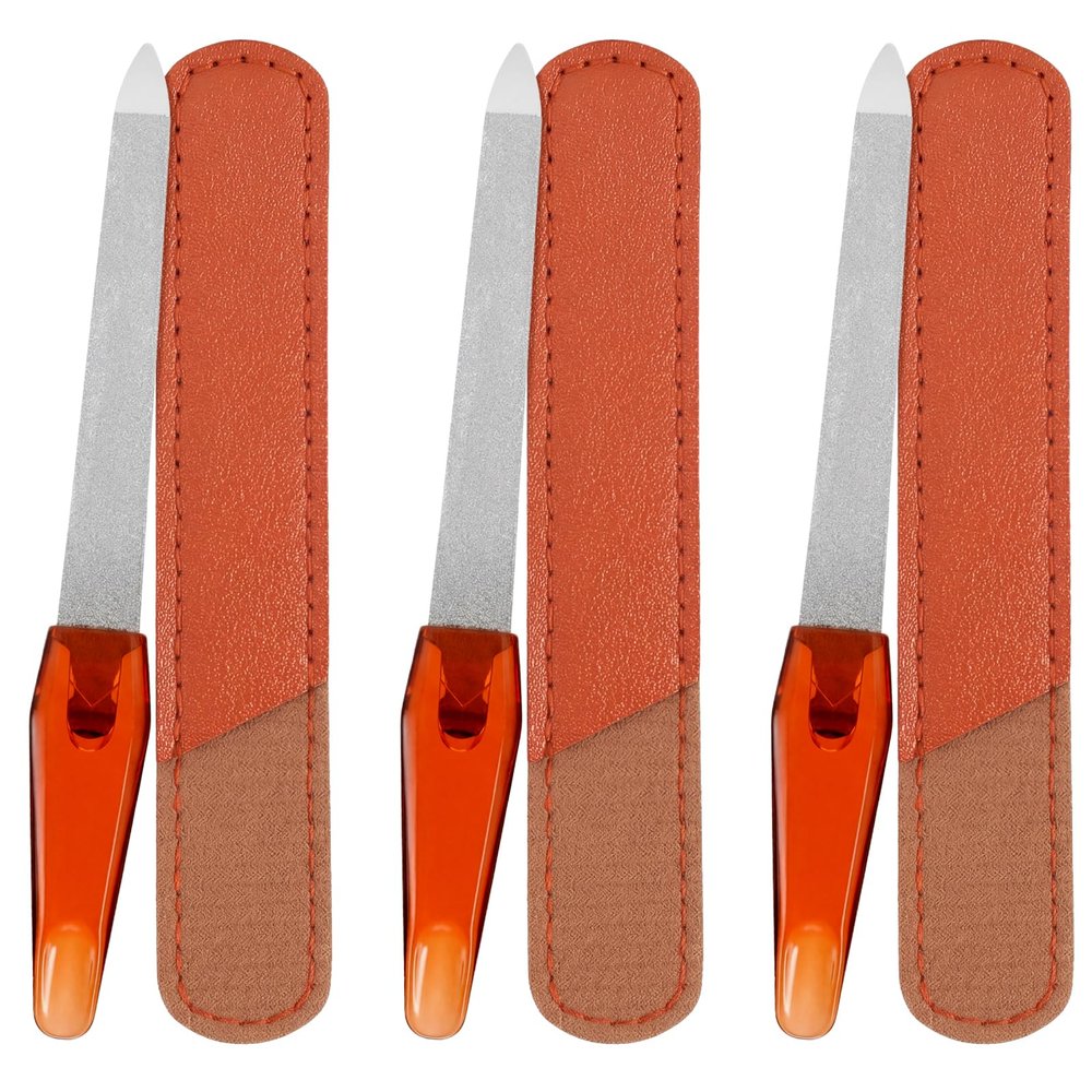 3 Pack Metal Nail Files for Women Fingernail Files with Leather Sheath Case Stainless Steel Finger Nail File with Non Slip Handle Double Sided Grit Nails Filer Thin Nailfile for Natural Nails