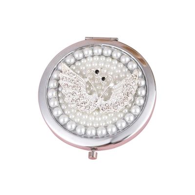 BETOOKY Double-Sided Folding Small Makeup Mirror with Metal Frame, Portable Compact Vintage Pearl and Rhinestone Design, Travel Vanity Accessory for Women