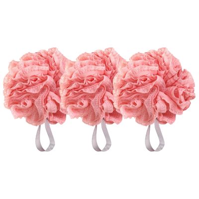 HOOWIFFY 3 Pieces Red Lace Bath Mesh Poufs Shower-Bath Scrubber Sponge Balls Exfoliating Body Scrubber for Sensitive Skin Spa and Daily Shower Use