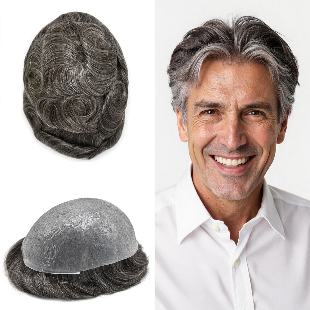 Hair Toupee for Men Hairpiece Invisible Mens Hair Replacement System Transparent Ultra Thin Skin Human Hair Piece Unit for Men #240 Darkest Brown+40% Gray-100% Light to Med-Light Density 6"x8"