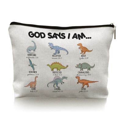 TopXmai Christian Dinosaur Makeup Bag, Inspirational Christian Dinosaur Lover Gifts Cosmetic Bag, Religious Scripture Bible Dino Makeup Pouch,B117