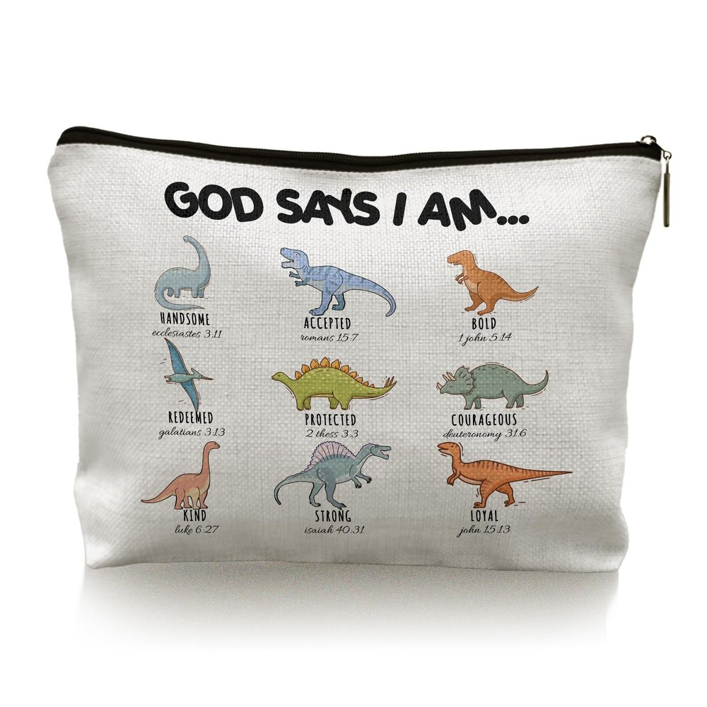 TopXmai Christian Dinosaur Makeup Bag, Inspirational Christian Dinosaur Lover Gifts Cosmetic Bag, Religious Scripture Bible Dino Makeup Pouch,B117