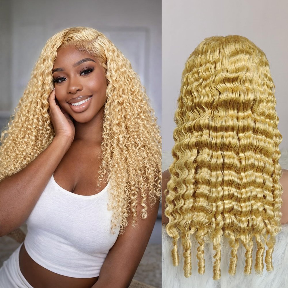 Surrku Burmese Curly Deep Wig 613 Blonde 13x4 Lace Front Wig Human Hair, 100% Real Human Hair 150% Density HD Lace, Pre-Plucked Natural Hairline for Women, Triple Lifespan 3X(24inch)
