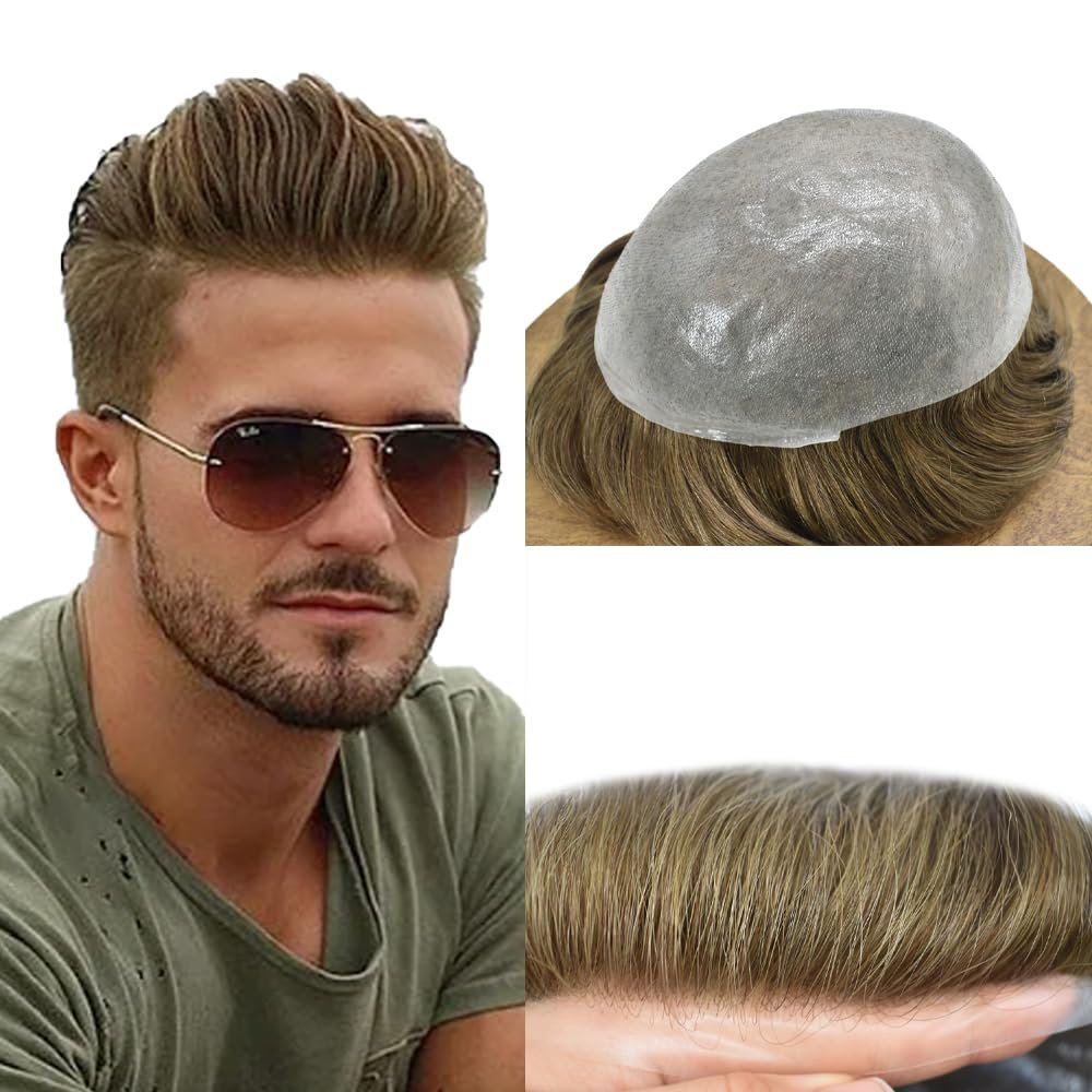 PUNRU HAIR Men Toupee Hair Pieces, Human Hair Replacement Systems, Male Hair Units Ultra Thin Skin Natural Hairline #6 Light Brown-90% Light Density 6"x8"