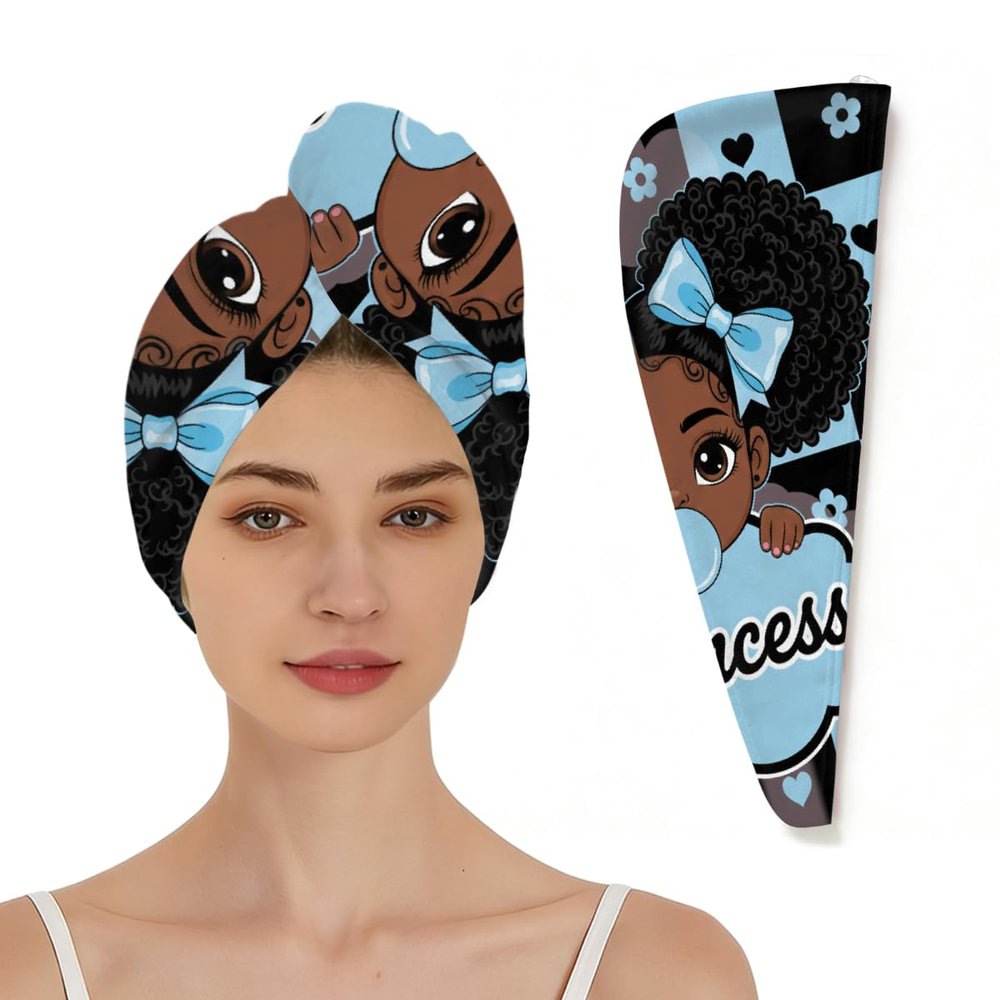 Chintiz Microfiber Hair Towel Wrap for Women, Super Absorbent Fast Drying Black Girl Princess Head Hair Towels - Elastic Loop Design Anti-Frizz Soft Turbans for Wet Long, Curly, Thick Hair