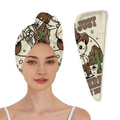 Chintiz Microfiber Hair Towel Wrap for Women - Cowboy Cat Super Absorbent Fast Drying Head Hair Towels - Elastic Loop Design Anti-Frizz Soft Turbans for Wet Long, Curly, Thick Hair