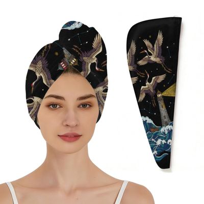 Chintiz Microfiber Hair Towel Wrap for Women - Crane Lighthouse Wave Super Absorbent Fast Drying Head Hair Towels - Elastic Loop Design Anti-Frizz Soft Turbans for Wet Long, Curly, Thick Hair