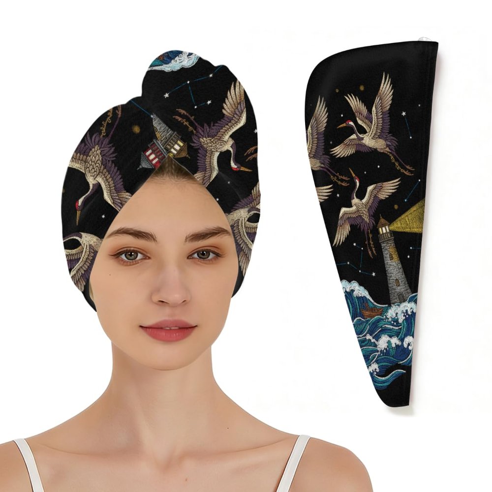 Chintiz Microfiber Hair Towel Wrap for Women - Crane Lighthouse Wave Super Absorbent Fast Drying Head Hair Towels - Elastic Loop Design Anti-Frizz Soft Turbans for Wet Long, Curly, Thick Hair
